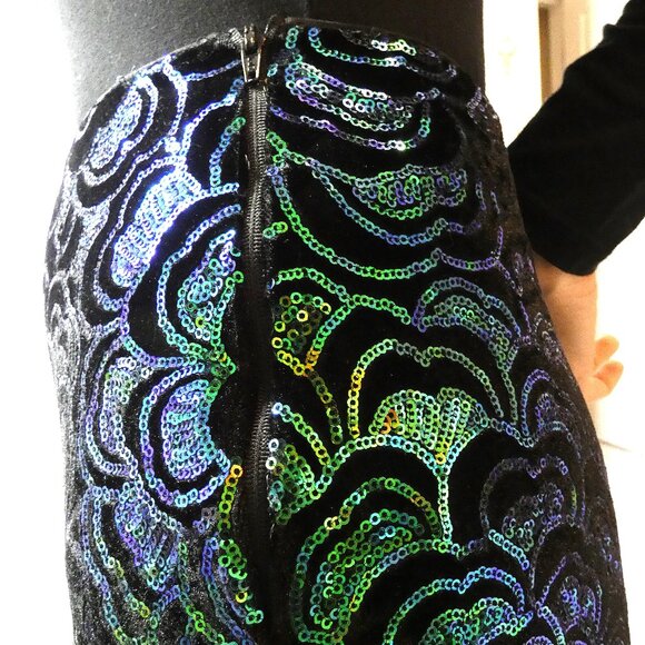 Mini Pencil Skirt Black Green Size XS Sequins Flower H&M Party Unique Vintage - Picture 6 of 9
